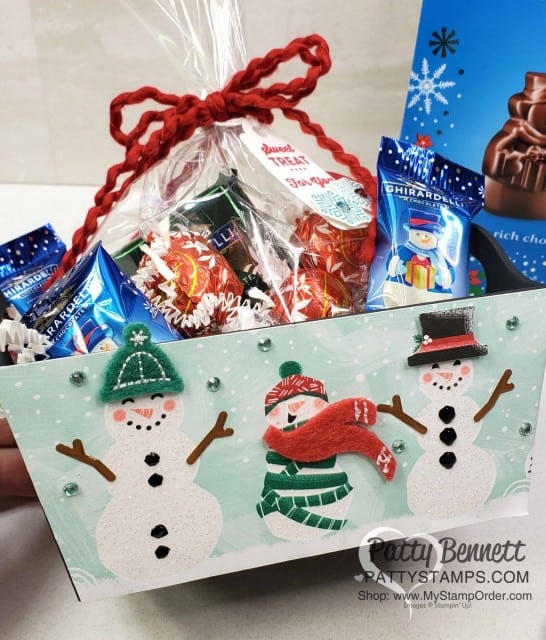DIY Christmas Neighbor or Teacher gift idea. Decorate a small container with Stampin Up Let it Snow designer paper and embellish with Let it Snow snowman images. www.PattyStamps.com