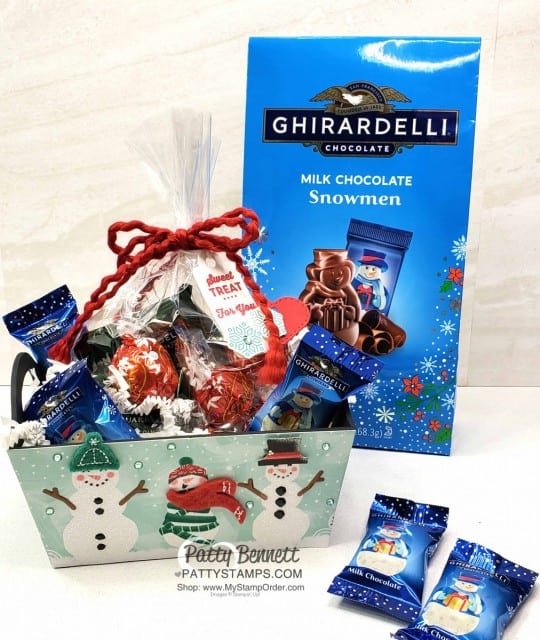 DIY Christmas Neighbor or Teacher gift idea. Decorate a small container with Stampin Up Let it Snow designer paper and embellish with Snowman images. www.PattyStamps.com