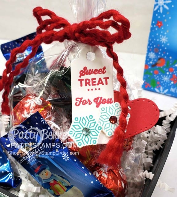 DIY Christmas Neighbor or Teacher gift idea. Decorate a small container with Stampin Up Let it Snow designer paper and embellish with Tiny Keepsakes images on tag. www.PattyStamps.com