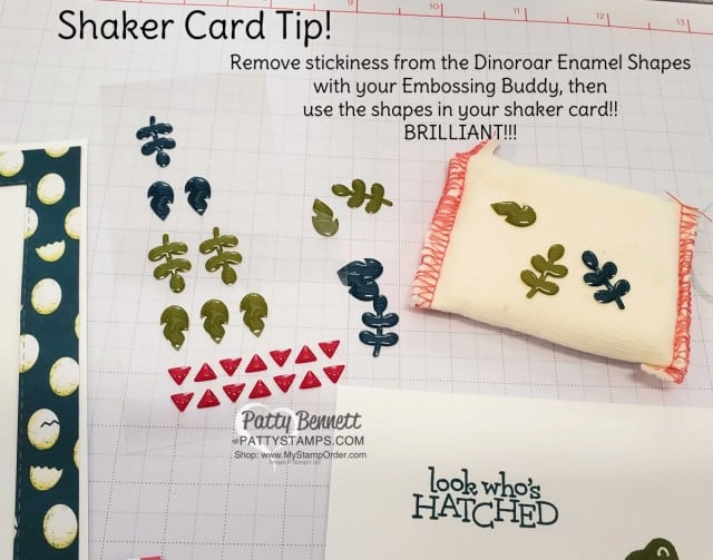 Tip for Dinoroar enamel shapes in a shaker card!! Remove stickiness with an embossing buddy, then use them as shaker bits in your shaker card!! Shaker Card featuring Stampin Up Dino Days stamp set and Dinoroar enamel shapes with sequins! Great baby card or little boy birthday card idea. www.PattyStamps.com
