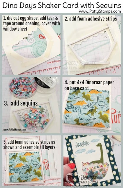 How to make the Shaker Card featuring Stampin Up Dino Days stamp set and Dinoroar enamel shapes with sequins! Great baby card or little boy birthday card idea. www.PattyStamps.com