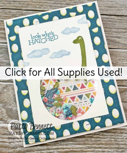 Click for all supplies used for my Shaker Card featuring Stampin Up Dino Days stamp set and Dinoroar enamel shapes with sequins!  Great baby card or little boy birthday card idea. www.PattyStamps.com