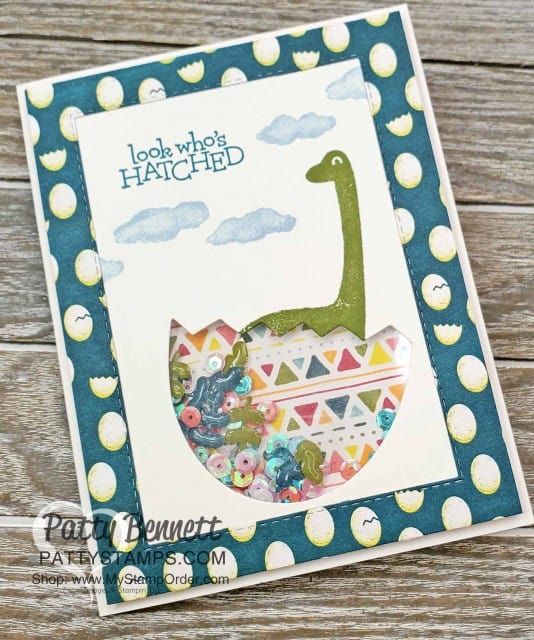 Shaker Card featuring Stampin Up Dino Days stamp set and Dinoroar enamel shapes with sequins! Great baby card or little boy birthday card idea. www.PattyStamps.com