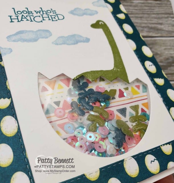 Shaker Card featuring Stampin Up Dino Days stamp set and Dinoroar enamel shapes with sequins! Great baby card or little boy birthday card idea. www.PattyStamps.com