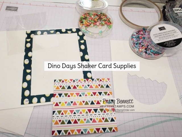 Papercrafting Supplies for: Shaker Card featuring Stampin Up Dino Days stamp set and Dinoroar enamel shapes with sequins! Great baby card or little boy birthday card idea. www.PattyStamps.com