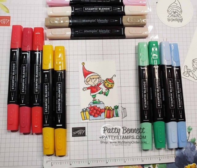Christmas Card idea featuring Stampin' UP! #elfie stamp set colored with Stampin' Blends markers, by Patty Bennett www.PattyStamps.com