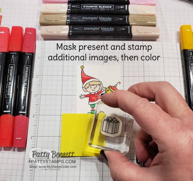 Christmas Card idea featuring Stampin' UP! #elfie stamp set colored with Stampin' Blends markers, by Patty Bennett www.PattyStamps.com