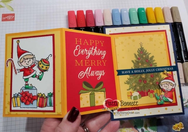Fun Fold Out Christmas Card idea featuring Stampin' UP! #elfie stamp set colored with Stampin' Blends markers, and the Night Before Christmas Memories & More card pack, by Patty Bennett www.PattyStamps.com