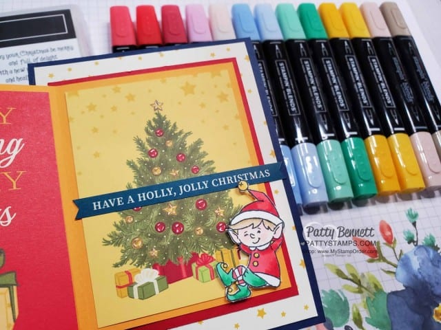 Fun Fold Out Christmas Card idea featuring Stampin' UP! #elfie stamp set colored with Stampin' Blends markers, and the Night Before Christmas Memories & More card pack, by Patty Bennett www.PattyStamps.com