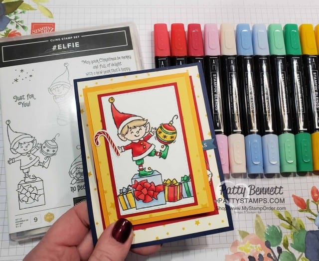 Fun Fold Out Christmas Card idea featuring Stampin' UP! #elfie stamp set colored with Stampin' Blends markers, and the Night Before Christmas Memories & More card pack, by Patty Bennett www.PattyStamps.com