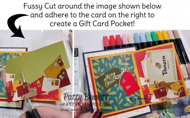 Gift Card Holder Pocket: Fun Fold Out Christmas Card idea featuring Stampin' UP! #elfie stamp set colored with Stampin' Blends markers, and the Night Before Christmas Memories & More card pack, by Patty Bennett www.PattyStamps.com