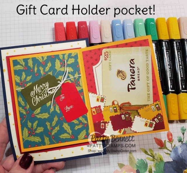 Gift Card Holder Idea: Fun Fold Out Christmas Card idea featuring Stampin' UP! #elfie stamp set colored with Stampin' Blends markers, and the Night Before Christmas Memories & More card pack, by Patty Bennett www.PattyStamps.com