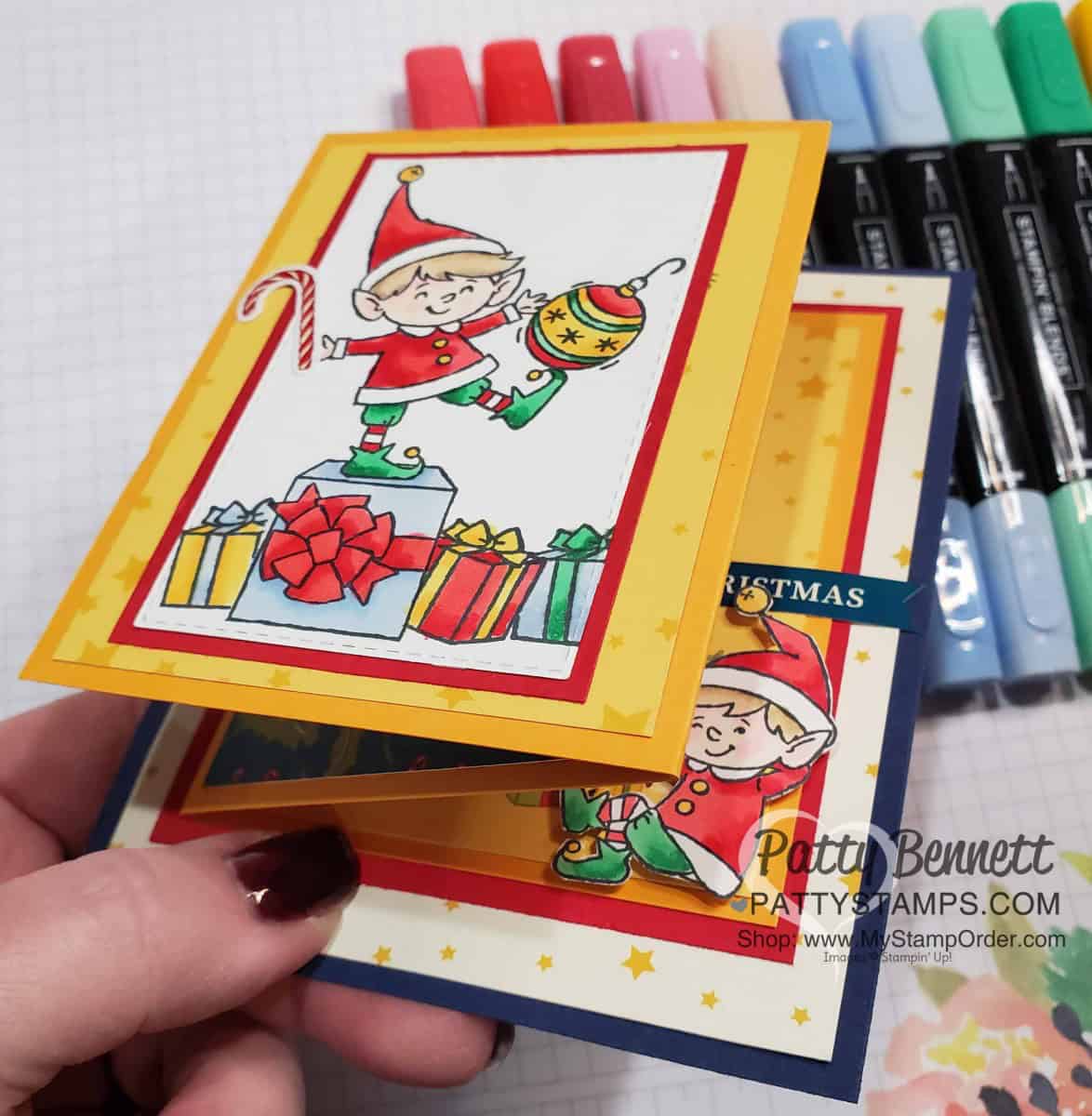 Fun Fold Out Christmas Card idea featuring Stampin' UP! #elfie stamp set colored with Stampin' Blends markers, and the Night Before Christmas Memories & More card pack, by Patty Bennett www.PattyStamps.com