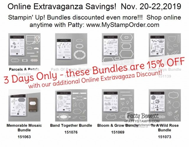 Additional Discount on 8 select Stampin' UP! bundles Nov 20-22, 2019 - Shop these bundles and save! www.PattyStamps.com