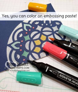 Use Stampin Blends markers to color on dry Embossing paste!! Pattern Party Mask card idea by Patty Bennett www.PattyStamps.com