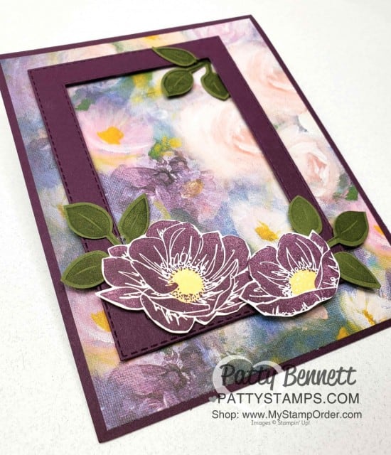 Stampin Up Perennial Essence flowers and Stitched Rectangle die cut card idea featuring Blackberry Bliss. www.pattystamps.com