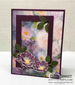 Stampin Up Perennial Essence flowers and Stitched Rectangle die cut card idea featuring Blackberry Bliss. www.pattystamps.com