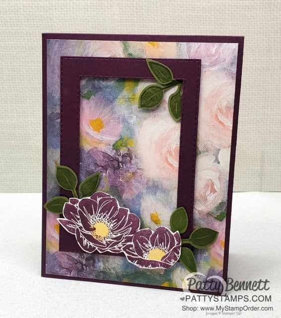 Stampin Up Perennial Essence flowers and Stitched Rectangle die cut card idea featuring Blackberry Bliss. www.pattystamps.com