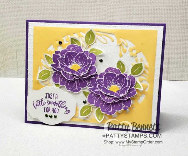 Stampin Up Perennial Essence flowers and vellum Petal Labels die cut card idea. www.pattystamps.com