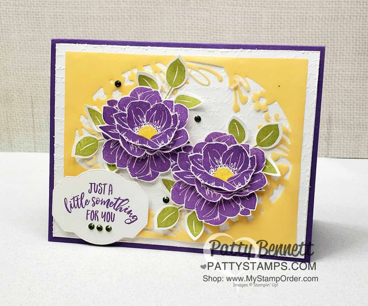 Stampin Up Perennial Essence flowers and vellum Petal Labels die cut card idea. www.pattystamps.com