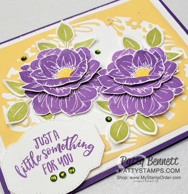 Stampin Up Perennial Essence flowers and vellum Petal Labels die cut card idea. www.pattystamps.com