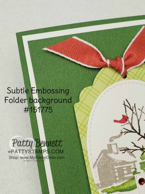 Stampin Up Snow Front stamp set Christmas or Holiday card idea Featuring Subtle Embossing Folder and Tags & More tag by Patty Bennett www.PattyStamps.com