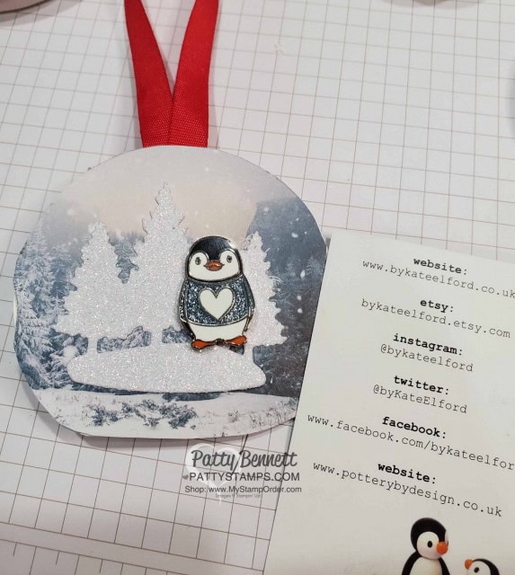 Snow Globe Shaker Dome Penguin Christmas Ornament idea. Stampin' UP! Snowflake sequins and Stampin' Ice Glitter for filler. Penguin enamel pins from Kate Elford on Etsy. www.PattyStamps.com
