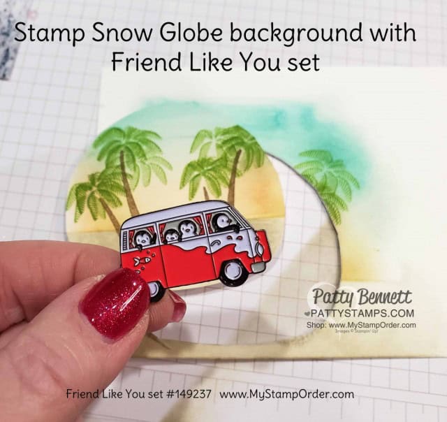 Snow Globe Shaker Dome Penguin Christmas Ornament idea. Stampin' UP! Snowflake sequins and Stampin' Ice Glitter for filler. Friend Like You stamp set: palm tree stamped background. www.PattyStamps.com