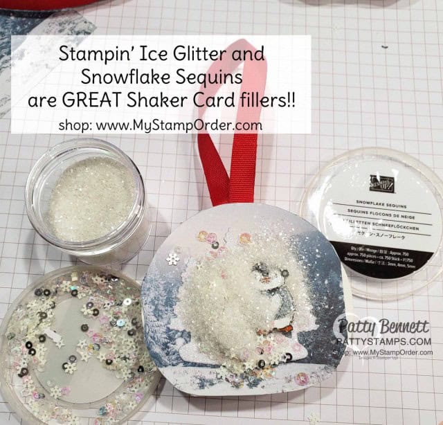 Snow Globe Shaker Dome Penguin Christmas Ornament idea. Stampin' UP! Snowflake sequins and Stampin' Ice Glitter for filler. www.PattyStamps.com