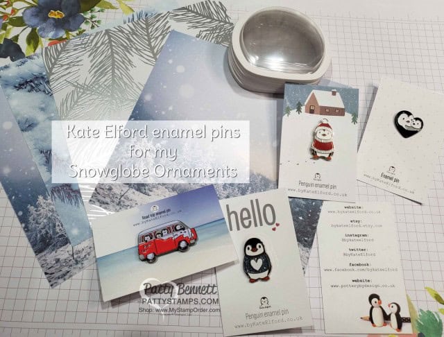 Snow Globe Shaker Dome Penguin Christmas Ornament idea. Stampin' UP! Snowflake sequins and Stampin' Ice Glitter for filler. Penguin enamel pins from Kate Elford on Etsy. www.PattyStamps.com