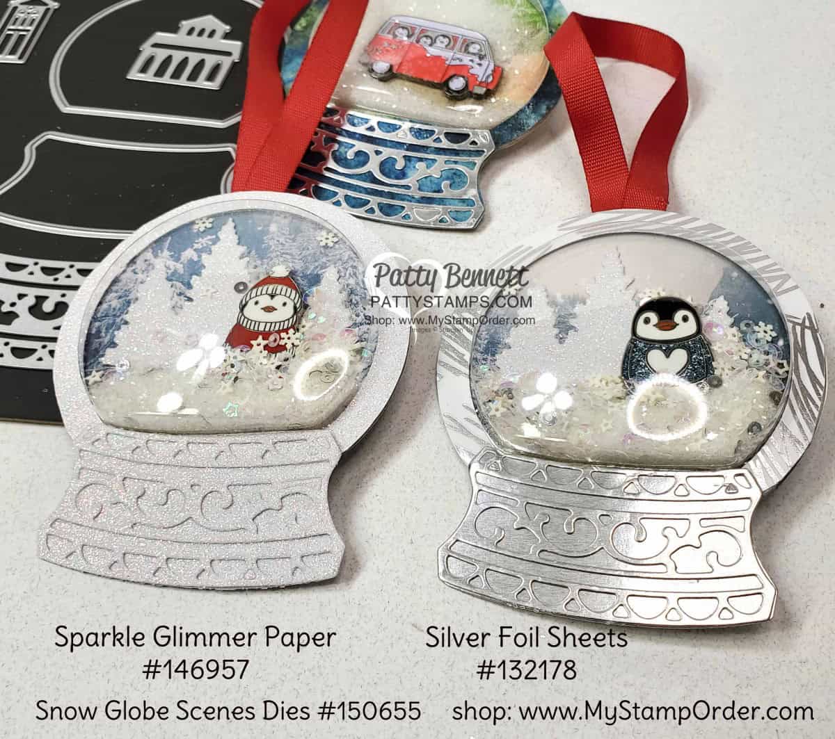 Snow Globe Shaker Dome Penguin Christmas Ornament idea. Stampin' Up! Silver Foil paper and Sparkly Glimmer paper snow globe base. www.PattyStamps.com