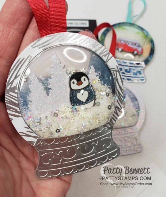 Snow Globe Shaker Dome Penguin Christmas Ornament idea. Stampin' UP! Snowflake sequins and Stampin' Ice Glitter for filler. www.PattyStamps.com