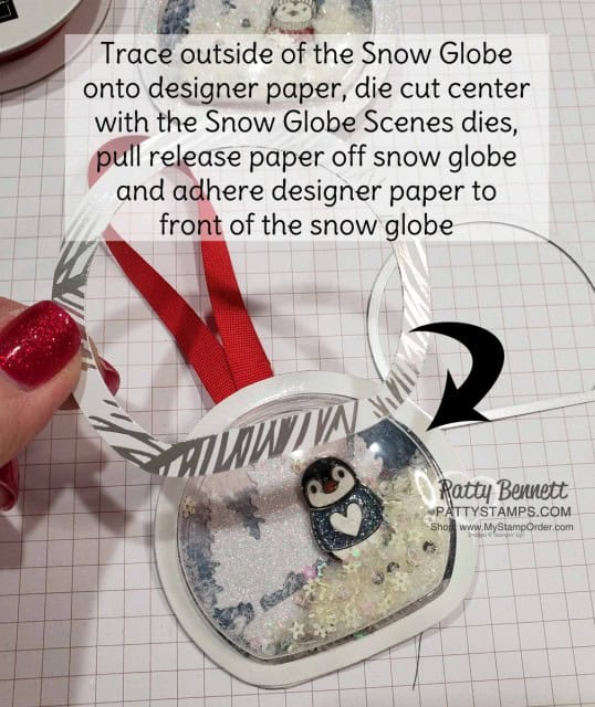 Snow Globe Shaker Dome Penguin Christmas Ornament idea. Stampin' UP! Snowflake sequins and Stampin' Ice Glitter for filler. www.PattyStamps.com