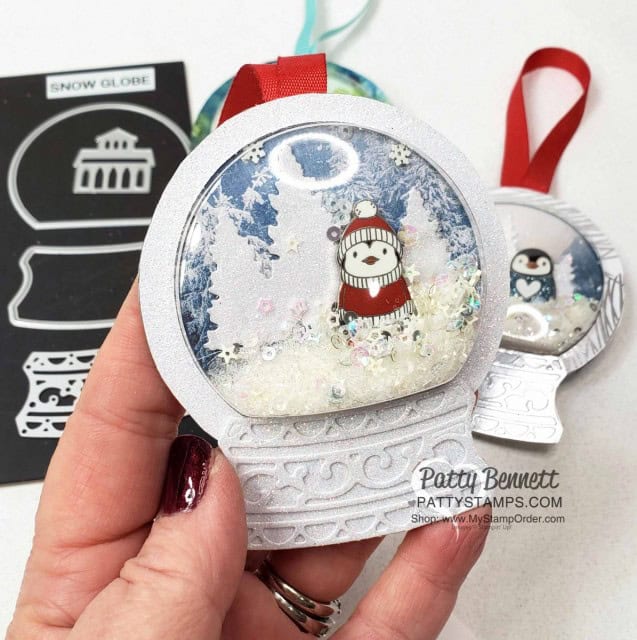Snow Globe Shaker Dome Penguin Christmas Ornament idea. Stampin' UP! Snowflake sequins and Stampin' Ice Glitter for filler. www.PattyStamps.com