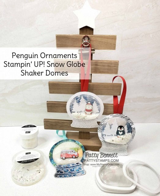 Snow Globe Shaker Dome Penguin Christmas Ornament idea. Stampin' UP! Snowflake sequins and Stampin' Ice Glitter for filler. www.PattyStamps.com