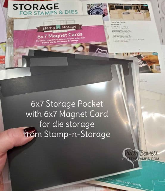 How I store my Stampin' UP! dies - Stamp-n-Storage Magnet Cards with Storage Pockets. Brother P-Touch labels for tabs, and Creative Crate wood storage bins. www.PattyStamps.com