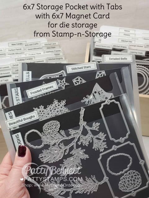 How I store my Stampin' UP! dies - Stamp-n-Storage Magnet Cards with Storage Pockets. Brother P-Touch labels for tabs, and Creative Crate wood storage bins. www.PattyStamps.com