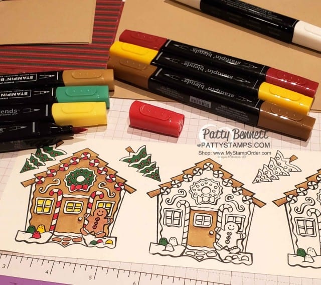 Yummy Christmas Gingerbread House Christmas card idea colored with Stampin' Blends by Patty Bennett www.PattyStamps.com