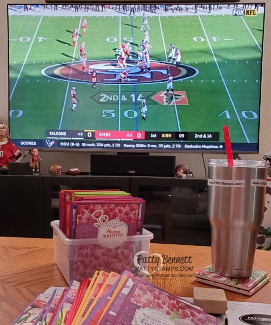 Stamping Peaceful Poppies cards while watching the 49er game. www.PattyStamps.com