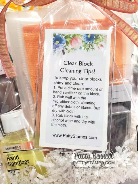 Gift Idea for Crafters! Clear Block cleaning it for rubber stamps! Microfiber cloth, hand sanitizer, and alcohol wipes in a kit! Great Christmas Gift or Retreat Favor! www.PattyStamps.com