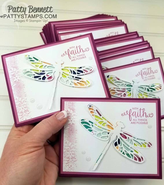 Detailed Dragonfly thinlit die "faux watercolor" card ideas by Patty Bennett www.PattyStamps.com