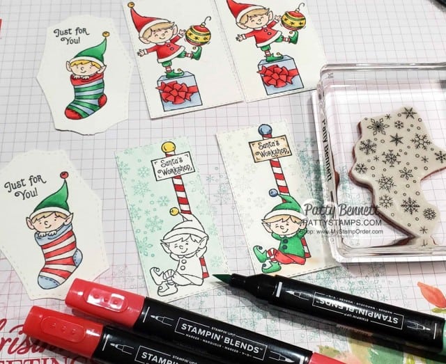 #Elfie stamp set colored with Stampin' Blends markers - fun Christmas tag ideas by Patty Bennett www.PattyStamps.com
