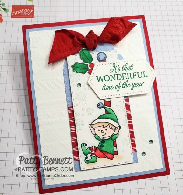 #Elfie stamp set colored with Stampin' Blends markers - fun Christmas card idea by Patty Bennett, also featuring Let it Snow designer paper and . www.PattyStamps.com