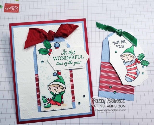 #Elfie stamp set colored with Stampin' Blends markers - fun Christmas tag and card ideas by Patty Bennett, also featuring Let it Snow designer paper. www.PattyStamps.com