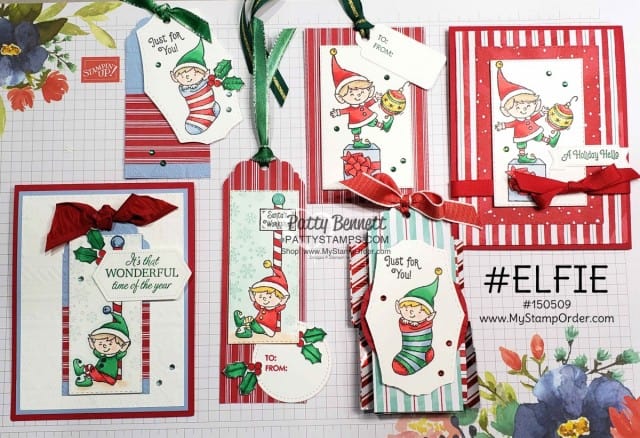 #Elfie stamp set colored with Stampin' Blends markers - fun Christmas tag and card ideas by Patty Bennett, also featuring Let it Snow designer paper. www.PattyStamps.com