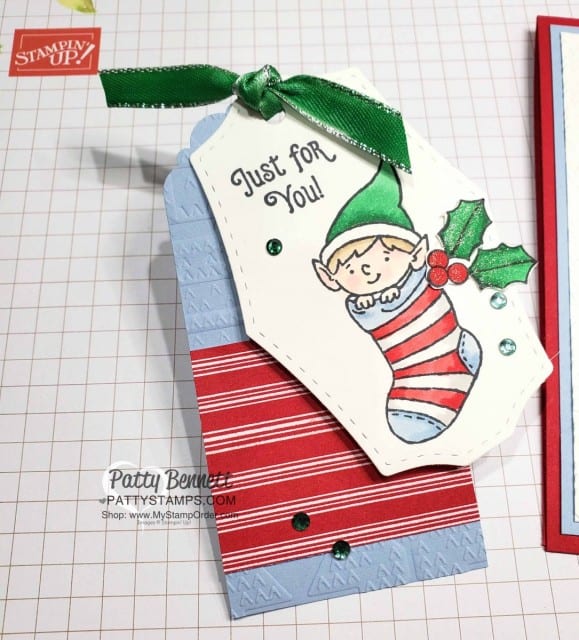 #Elfie stamp set colored with Stampin' Blends markers - fun Christmas tag idea by Patty Bennett, also featuring Let it Snow designer paper and Winter Knit embossing folder. www.PattyStamps.com