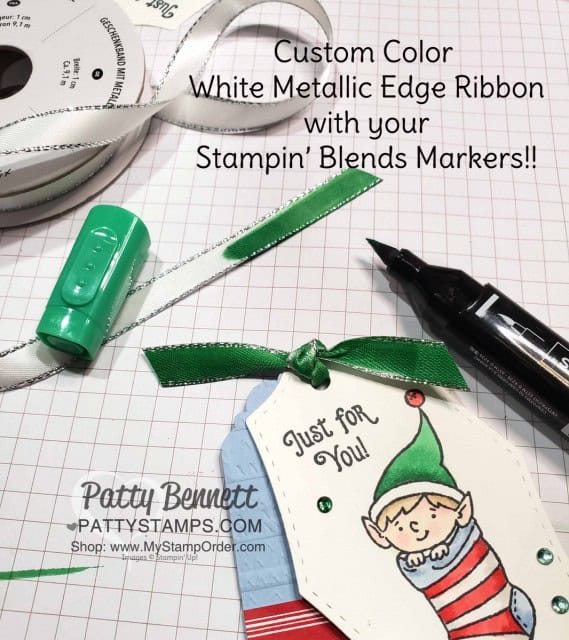 Tip! Color White ribbon with Stampin' Blends markers to match your crafting project! #Elfie stamp set colored with Stampin' Blends markers - fun tag idea by Patty Bennett, also featuring Let it Snow designer paper. www.PattyStamps.com