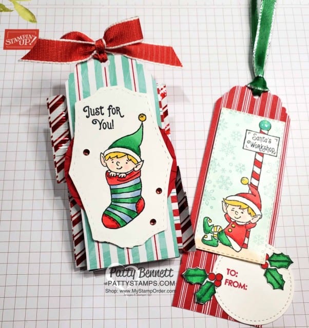 #Elfie stamp set colored with Stampin' Blends markers - fun Christmas tag idea by Patty Bennett, also featuring Let it Snow designer paper. www.PattyStamps.com