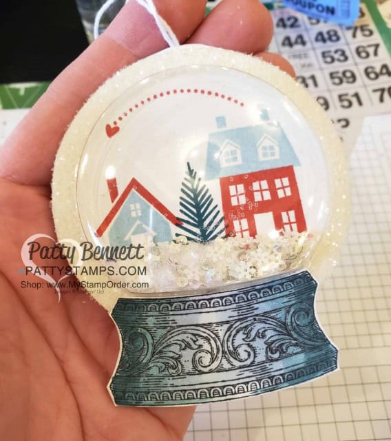 Snow Globe Shaker Dome Christmas Ornament featuring Stampin Up From Our House to Your stamp set, Stampin' Ice Glitter and Snowflake Sequins. Still Scenes snow globe base colored with Stampin' Blends markers. www.PattyStamps.com