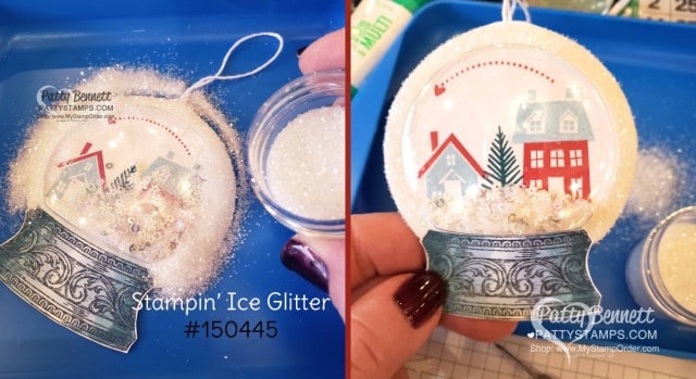 Snow Globe Shaker Dome Christmas Ornament featuring Stampin Up From Our House to Your stamp set, Stampin' Ice Glitter and Snowflake Sequins. www.PattyStamps.com